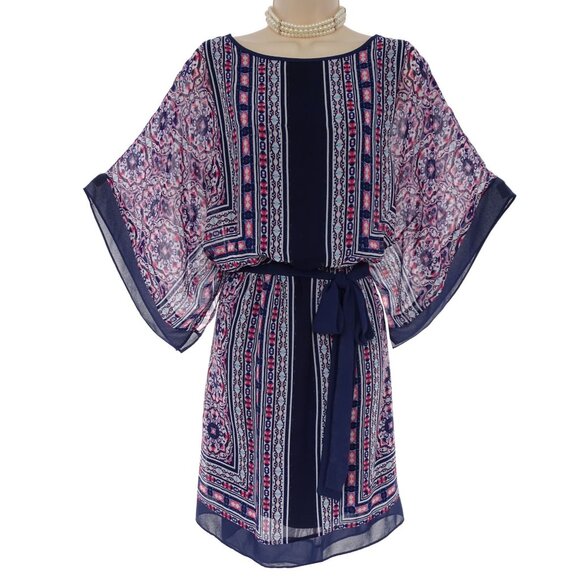 Dressbarn Chiffon Mixed Print‎ Kimono Sleeve Dress with Tie Size 14W 1X Plus - Picture 1 of 9